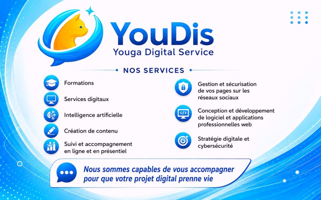 YouDis – Nos Services : Formations, Services digitaux, IA, Création de contenu, Cybersécurité
